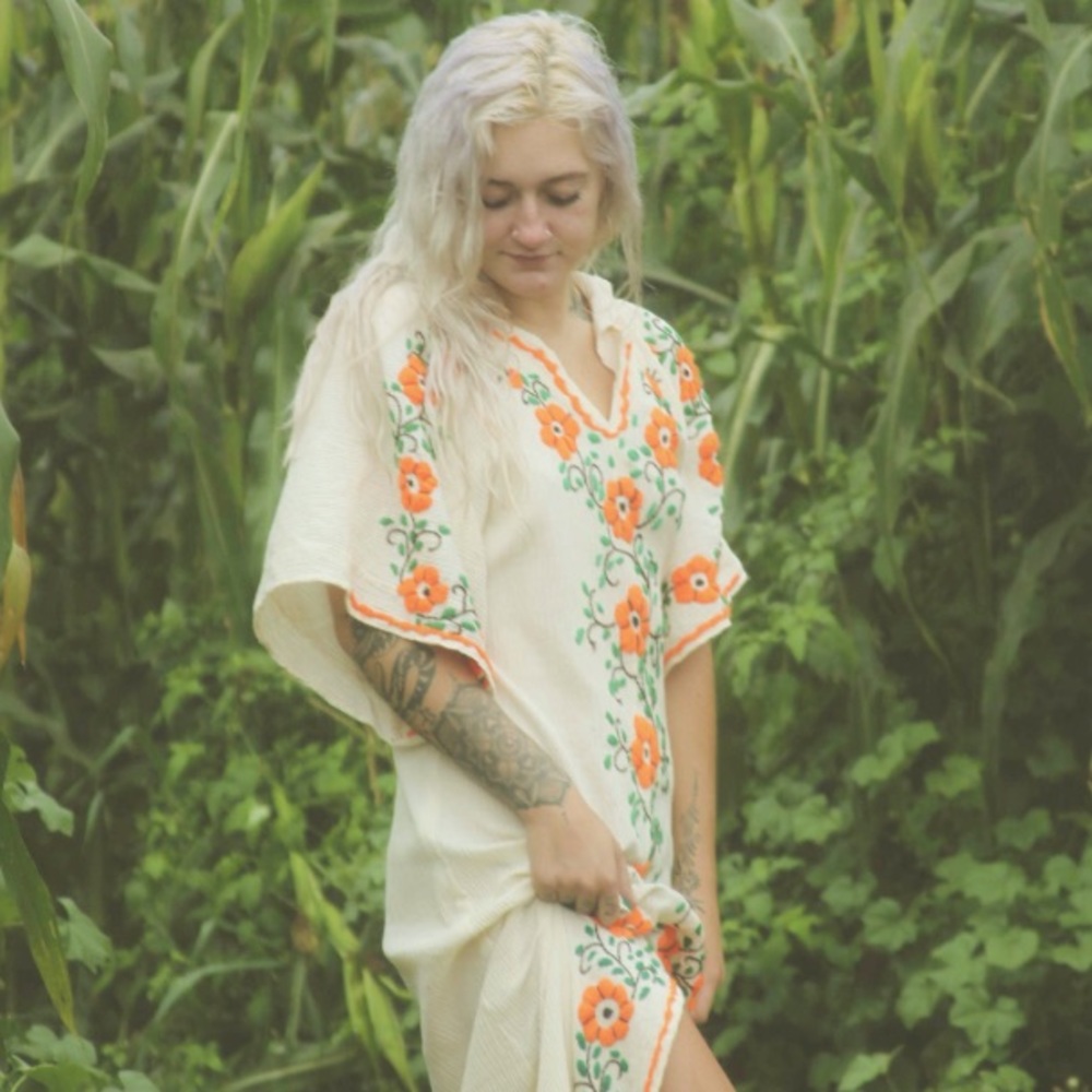 Vintage 70s Hand Embroiled Mexican Maxi Dress